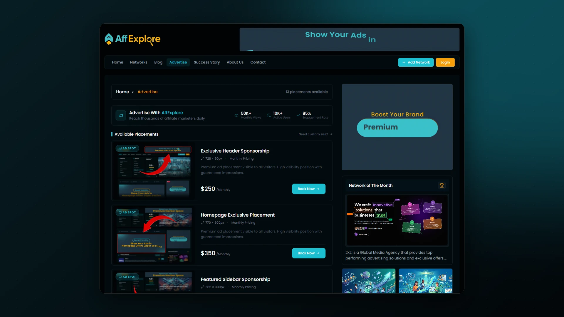 Advertise page — bookable ad placements with sizes and monthly pricing