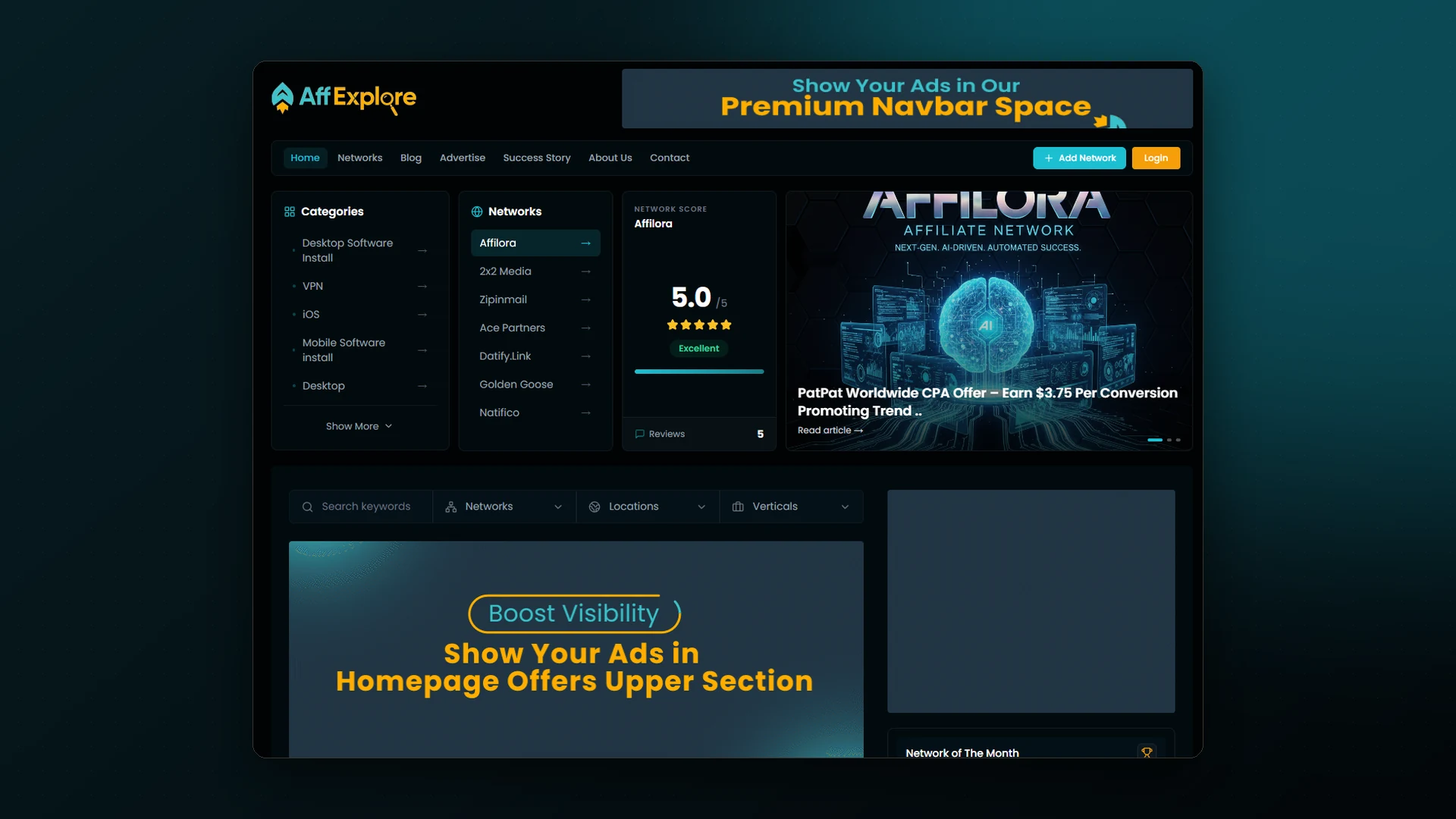 Homepage — categories, networks, network score and featured articles