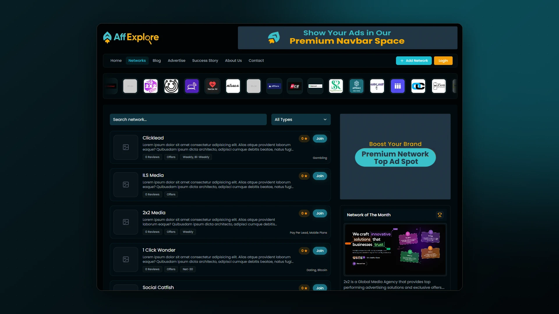 Network directory with logo carousel, search and type filter