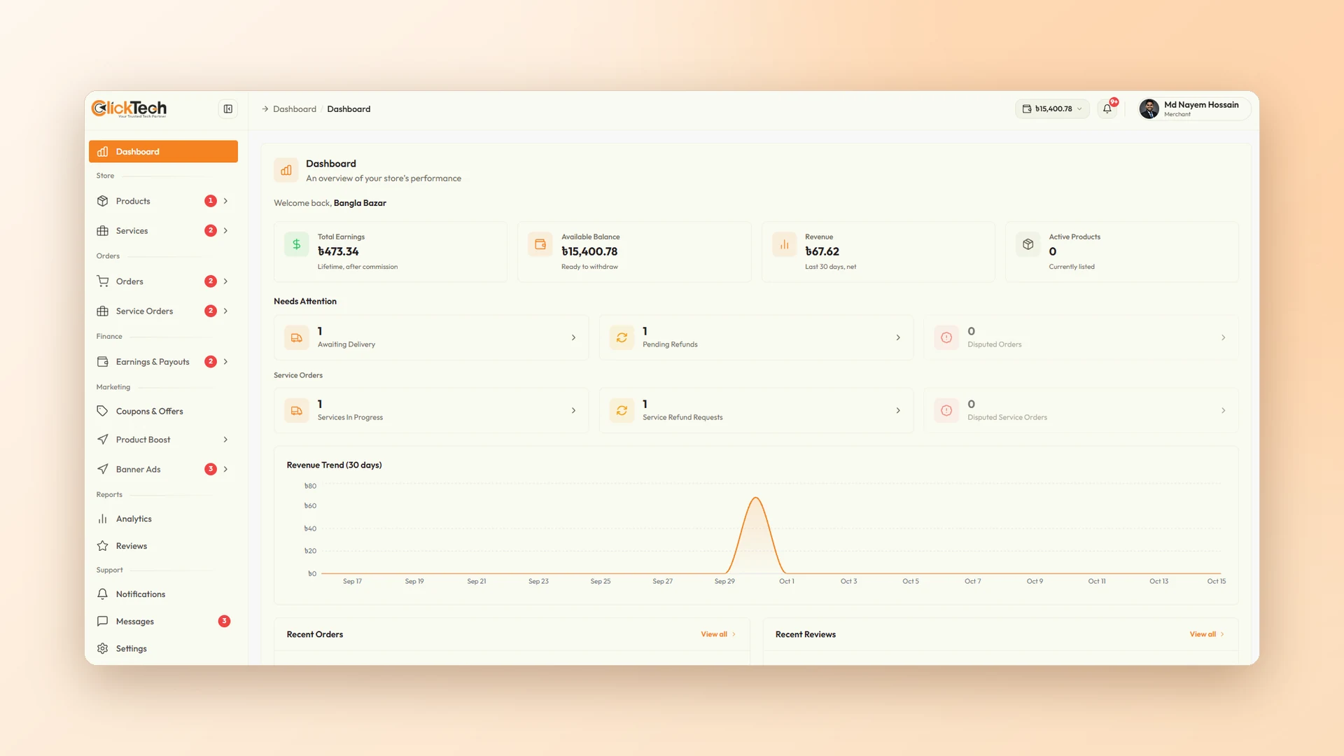 Merchant dashboard — earnings, attention queue and revenue trend