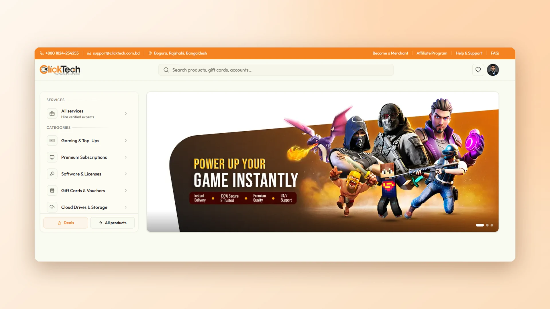 Storefront — category sidebar and promo hero