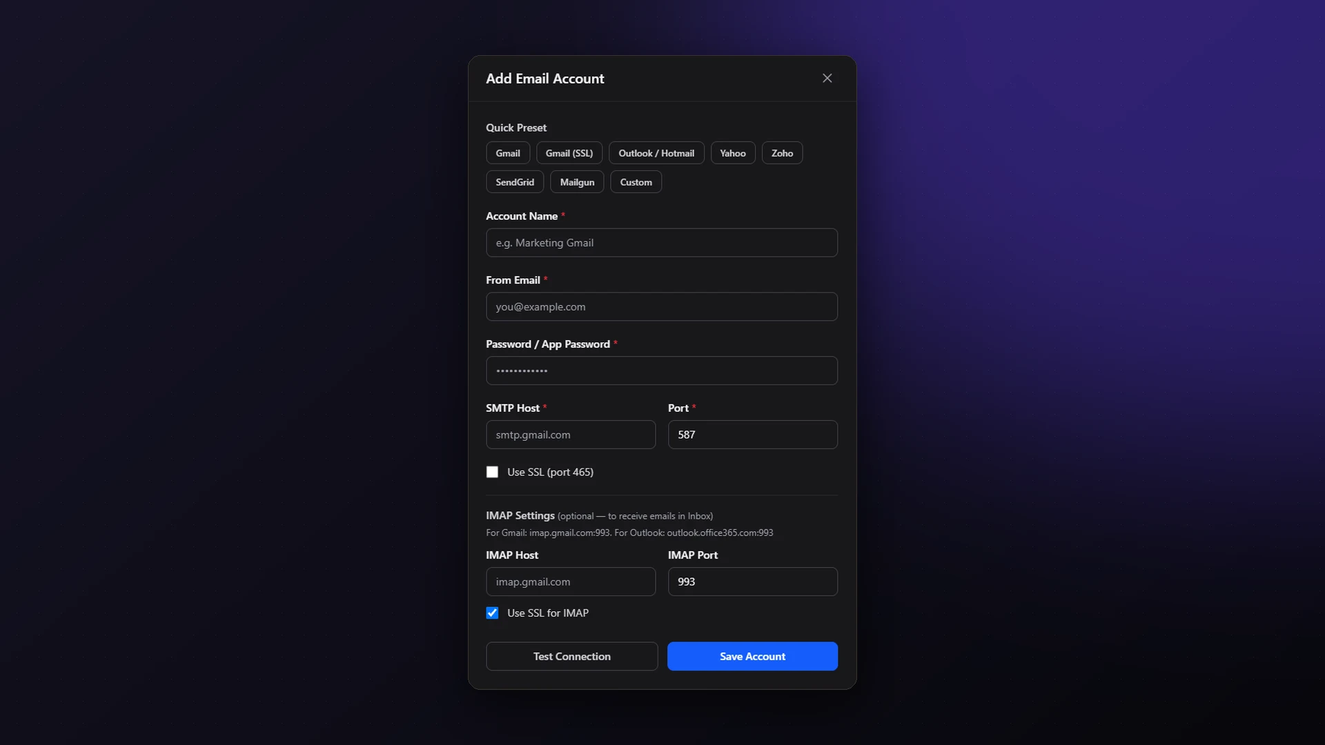 Add an SMTP/IMAP account with provider presets and a connection test